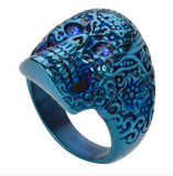 Blue Tribal Tattoo Skull Ring Blue Crystal Eyes Lady Biker Stainless Steel SR118