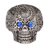 Silver Tribal Tattoo Skull Ring Unisex Blue Crystal Eyes Stainless Steel  SR121