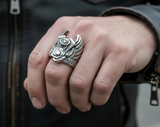 Motorcycle Engine with Wings Ring Men's Biker Stainless Steel Ring SR149