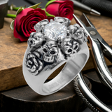 Roses & Skulls Ring Clear CZ Ladies Biker Jewelry Stainless Steel SR153