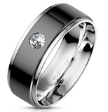 Black Inlay on Silver Ring with CZ Two-Tone Comfort Fit Stainless Steel SR185