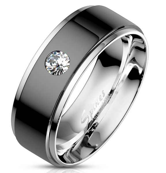 8mm Comfort Fit Black Wedding Band Ring with CZ SR185