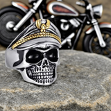 Old School Skull Ring with Biker Cap Men's Two-Tone Stainless Steel SR187