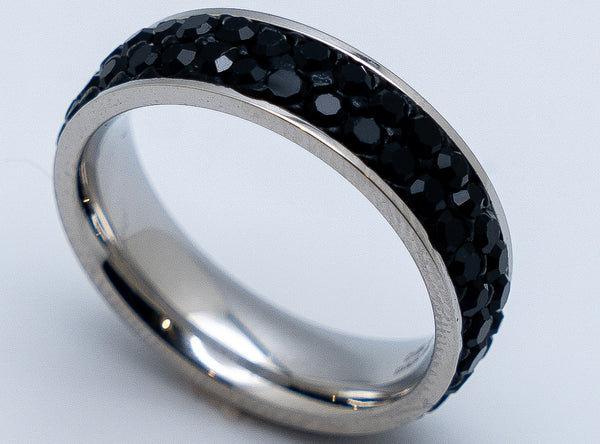 6mm Wedding Band Comfort Fit Double Row Black Stone Ring Stainless Steel SR207