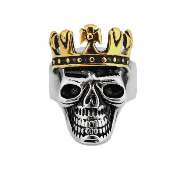 Biker Jewelry Men's Crowned Skull Stainless Steel Ring Gold Edition SR216