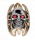 Heavy Metal Jewelry Stainless Steel Skull Flame Ring with Red Eyes <br>SR229