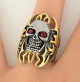 Heavy Metal Jewelry Stainless Steel Skull Flame Ring with Red Eyes <br>SR229