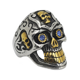 Large Skull Ring Blue Eyes Two-Tone Silver & Gold Men's Biker Stainless SR232