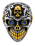 Large Skull Ring Blue Eyes Two-Tone Silver & Gold Men's Biker Stainless SR232