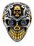 Large Skull Ring Blue Eyes Two-Tone Silver & Gold Men's Biker Stainless SR232