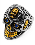 Large Skull Ring Blue Eyes Two-Tone Silver & Gold Men's Biker Stainless SR232
