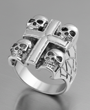 4 Skulls on a Cross Ring Old School Biker Ring Stainless Steel SR34