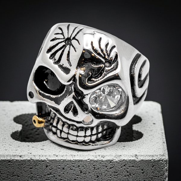 Skull Ring with Gold Bullet & Clear CZ Eye Stainless Steel Ring Sizes 9 - 20, SR57