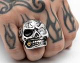 Bullet Skull Ring with Gold Bullet & Clear CZ Eye Stainless Steel Ring Sizes 9 - 20, SR57