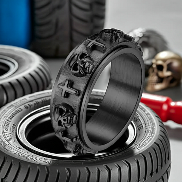 Black Skulls & Crosses Spinner Ring Unisex SR60