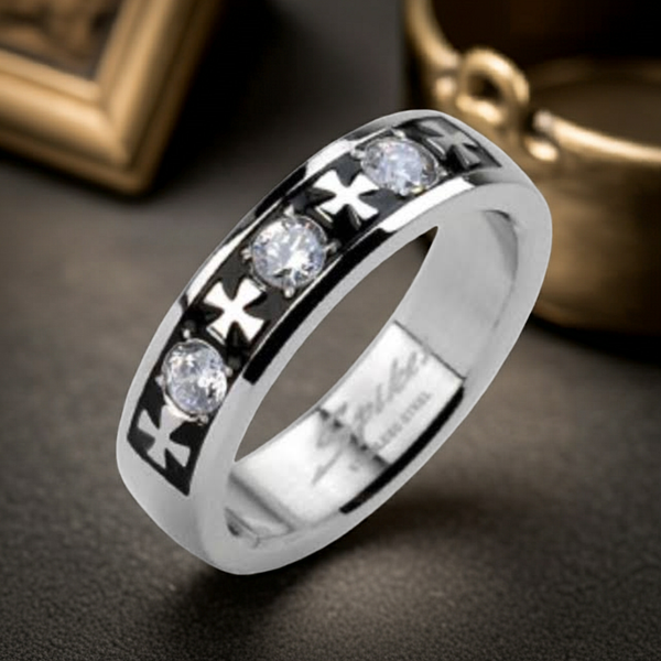 Celtic Iron Cross & Triple Gemstone Ring Unisex Wedding Band Stainless Steel SR61