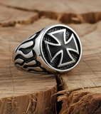 Round Iron Cross Ring with Flames Biker Jewelry Stainless Steel SR82