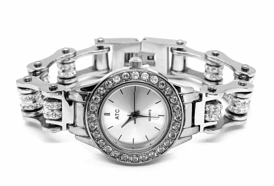 Bike Chain Watch Bling Bezel Ladies Stainless Steel & Double Crystals W4