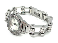 Bike Chain Watch Bling Bezel Ladies Stainless Steel & Double Crystals W4