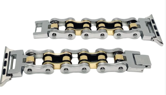 Motorcycle Bike Chain Watch Band Tri Color Silver, Gold & Black Bracelet W8