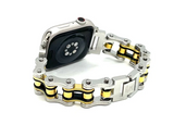 Motorcycle Bike Chain Watch Band Tri Color Silver, Gold & Black Bracelet W8