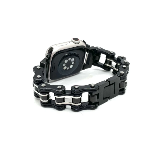 Men's Bike Chain Watch Band Fits Apple Black and Silver Stainless Steel W9