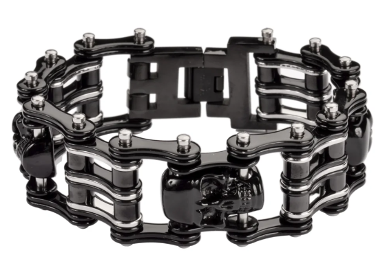 Heavy Metal Jewelry Men's Primary Motorcycle Bike Chain Skull Bracelet Black/Silver Stainless Steel SB1170