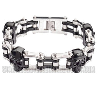 Biker Jewelry Men's Motorcycle Bike Chain Bracelet Stainless Steel Silver & Black Skulls SB73