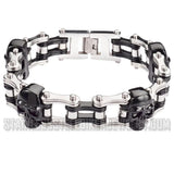 Biker Jewelry Men's Motorcycle Bike Chain Bracelet Stainless Steel Silver & Black Skulls SB73
