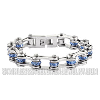 Heavy Metal Jewelry Ladies Motorcycle Bike Chain Stainless Steel Bracelet Silver & Blue Crystals SB1205