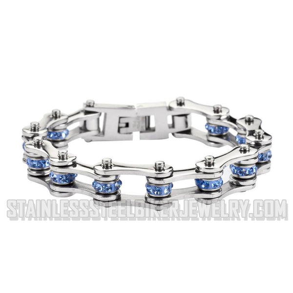 Heavy Metal Jewelry Ladies Motorcycle Bike Chain Stainless Steel Bracelet Silver & Blue Crystals SB1205