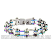 Ladies Motorcycle Bike Chain Bracelet Stainless Steel Bracelet Silver and Iridescent SB135