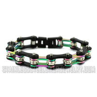 Ladies Motorcycle Bike Chain Stainless Steel Bracelet Black & Iridescent SB136