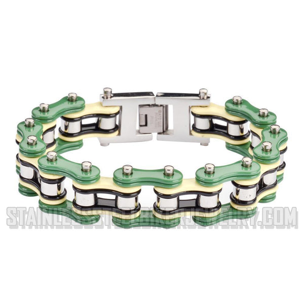 Heavy Metal Jewelry Men's Motorcycle Bike Chain Bracelet Stainless Steel Green/Cream/Black Double Link SB1315