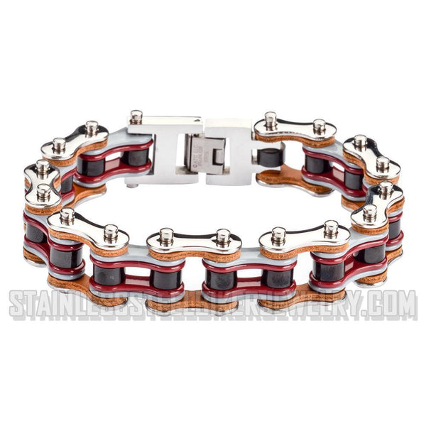 Heavy Metal Jewelry Men's Motorcycle Bike Chain Biker Bracelet Stainless Steel Multi-Color/Leather Double Link SB1337