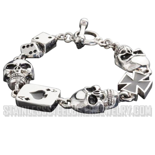 Men's Poker Run Skull Biker Bracelet Stainless Steel SB1364