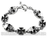 Heavy Metal Jewelry Men's Skull and Maltese Cross Biker Bracelet Stainless Steel SB1370
