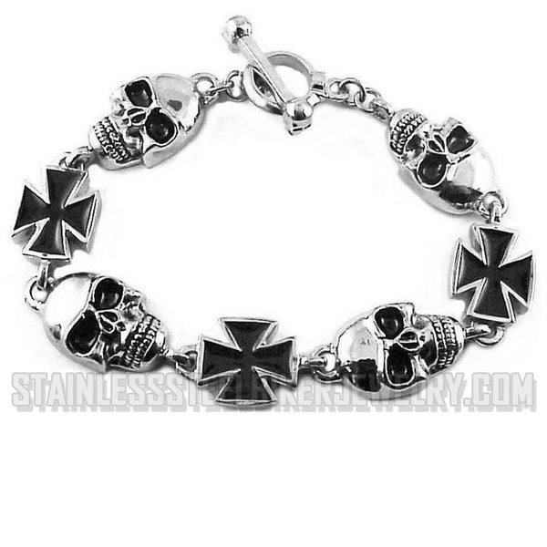 Heavy Metal Jewelry Men's Skull and Maltese Cross Biker Bracelet Stainless Steel SB1370