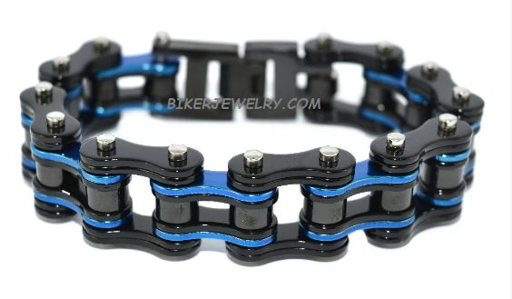 Men's Black with Blue Thin Line Motorcycle Biker Bracelet Stainless Steel Police Edition SB150
