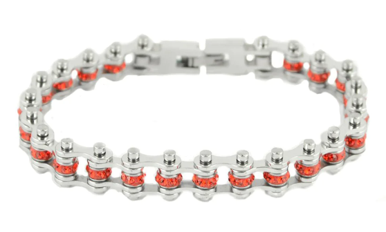 Birthstone Jewelry Ladies Bike Chain Stainless Steel Bracelet July Edition Ruby Imitation Crystals SB173