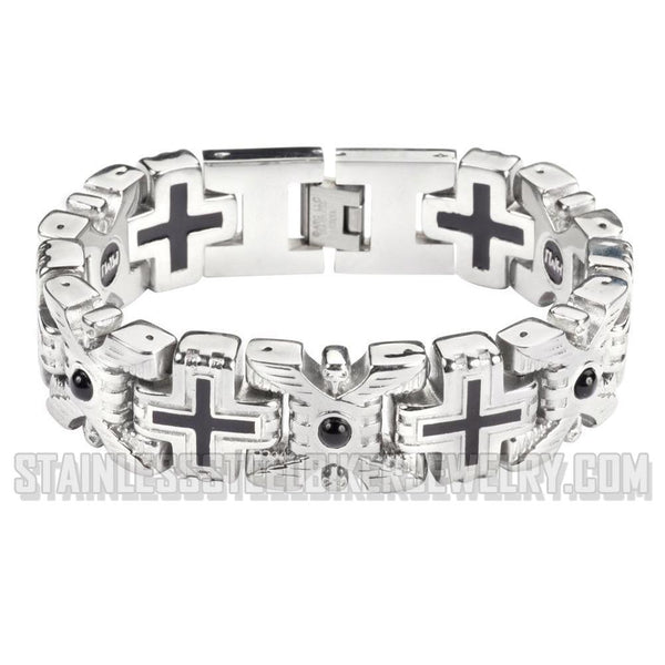 Heavy Metal Jewelry Men's X Cross Red Stone Biker Bracelet Stainless Steel SR1760