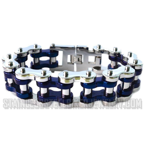 Heavy Metal Jewelry Silver Tone/ Blue 1 inch Wide Unisex Bike Chain Bracelet Stainless Steel SB1797