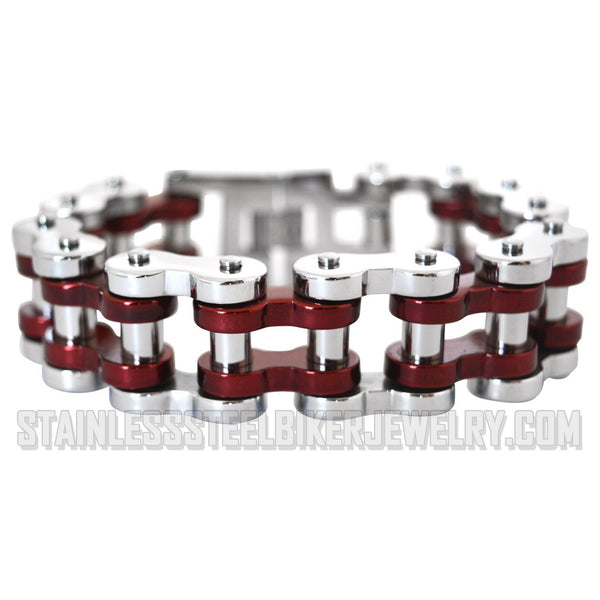 Heavy Metal Jewelry Men's Motorcycle Bike Chain Bracelet Silver/Red Stainless Steel SB1799