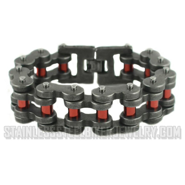 Heavy Metal Jewelry Men's Motorcycle Bike Chain Bracelet Distressed Antique Finish Candy Red Rollers Stainless Steel SB1817