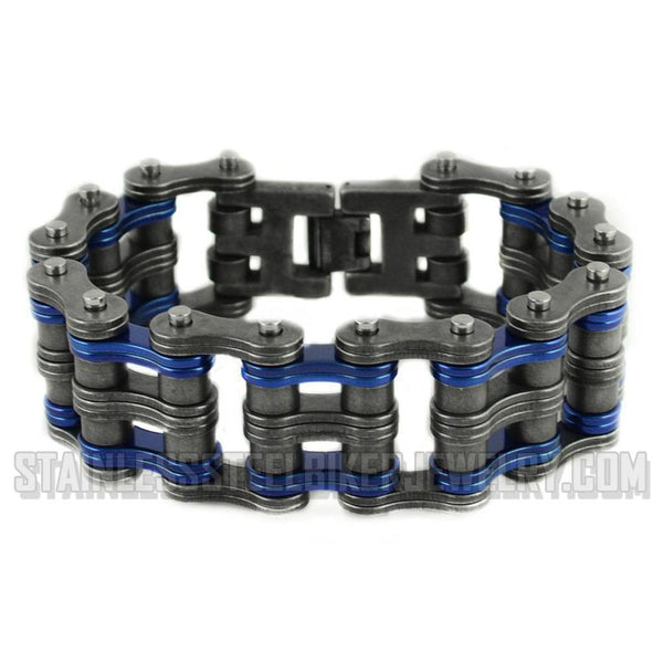 Heavy Metal Jewelry Men's Primary Motorcycle Bike Chain Bracelet Distressed Antique Finish Candy Blue Links Stainless Steel Police Edition SB1823