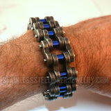 Stainless Steel Men's Police Officer Distressed and Blue Bike Chain Motorcycle Bracelet SB123