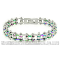 Ladies & Women's Motorcycle Mini Bike Chain Tennis Bracelet Stainless Steel Silver & Iridescent SB114 (Copy)