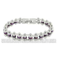Ladies Motorcycle Mini Birthstone Bike Chain Bracelet Stainless Steel February Amethyst SB165
