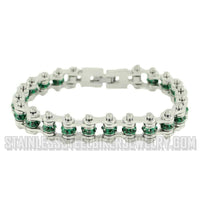 Biker Jewelry's Ladies Mini Bike Chain Stainless Steel Bracelet May Edition Emerald Imitation Crystals SB169