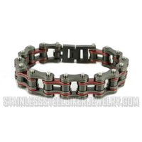 Biker Jewelry Men's Motorcycle Firefighter Bike Chain Bracelet Stainless Steel Gunmetal & Red SB162